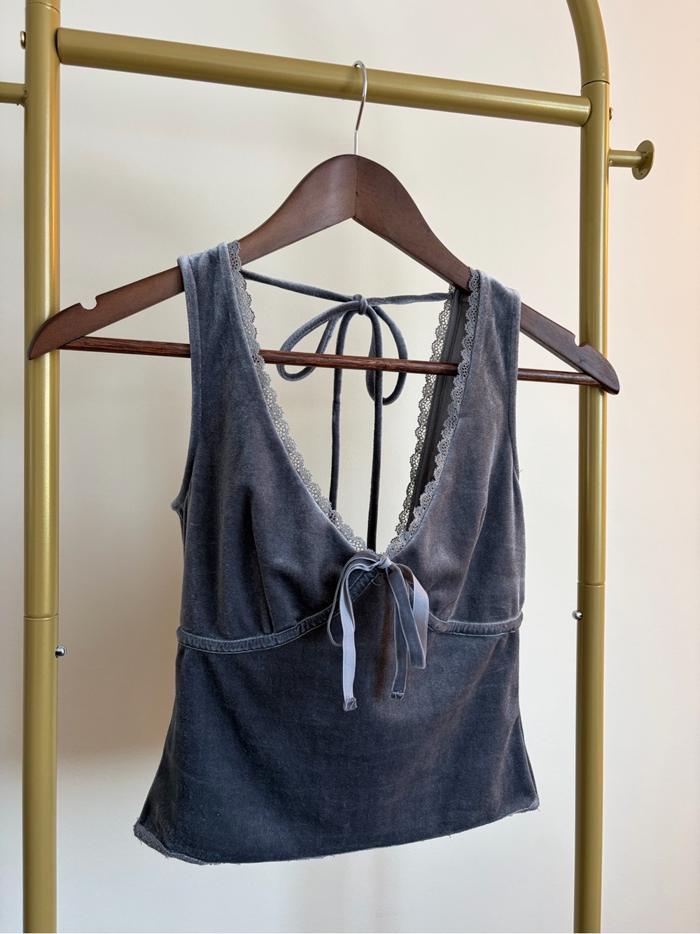 Lulu's Charcoal Lace-Trim Velvet Tie-Back Camisole